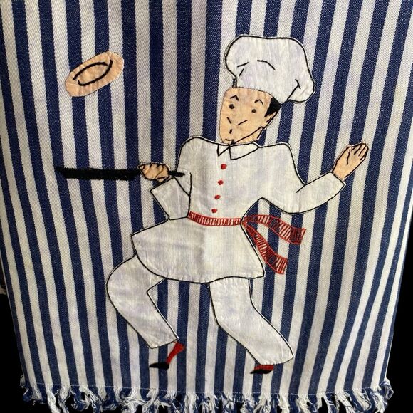 Full Bib Apron Set with Dish Towel Blue Stripes Crepes Suzette! Hand Embroidered - Picture 5 of 5